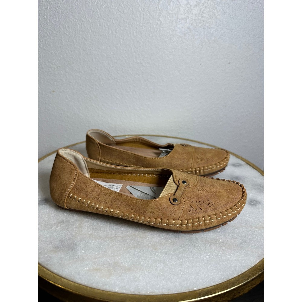 Tan Faux Suede Laser Cut Loafers Whipstitch Slip On Flats